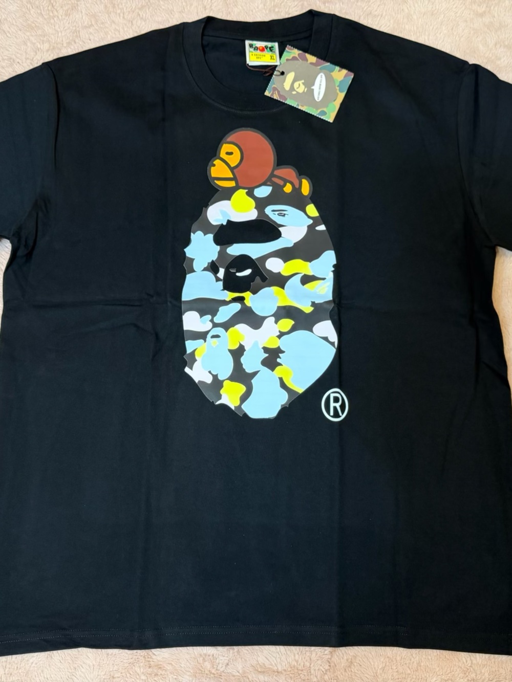 A Bathing Ape Black Short-Sleeve Graphic Tee with Blue & Yellow Camo Ape Print
